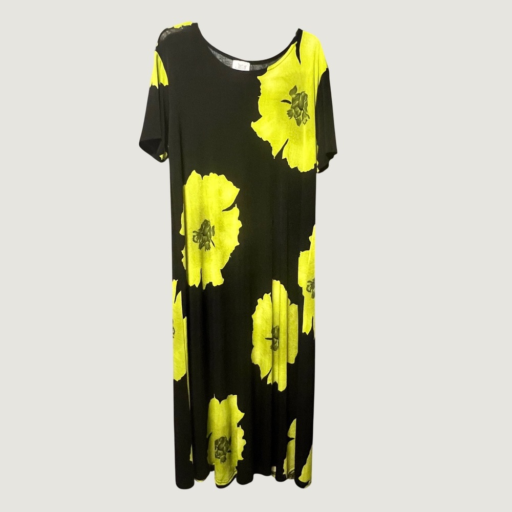Jostar Black Lime Floral Maxi Dress Stretch Knit Short Sleeve USA XL 1x